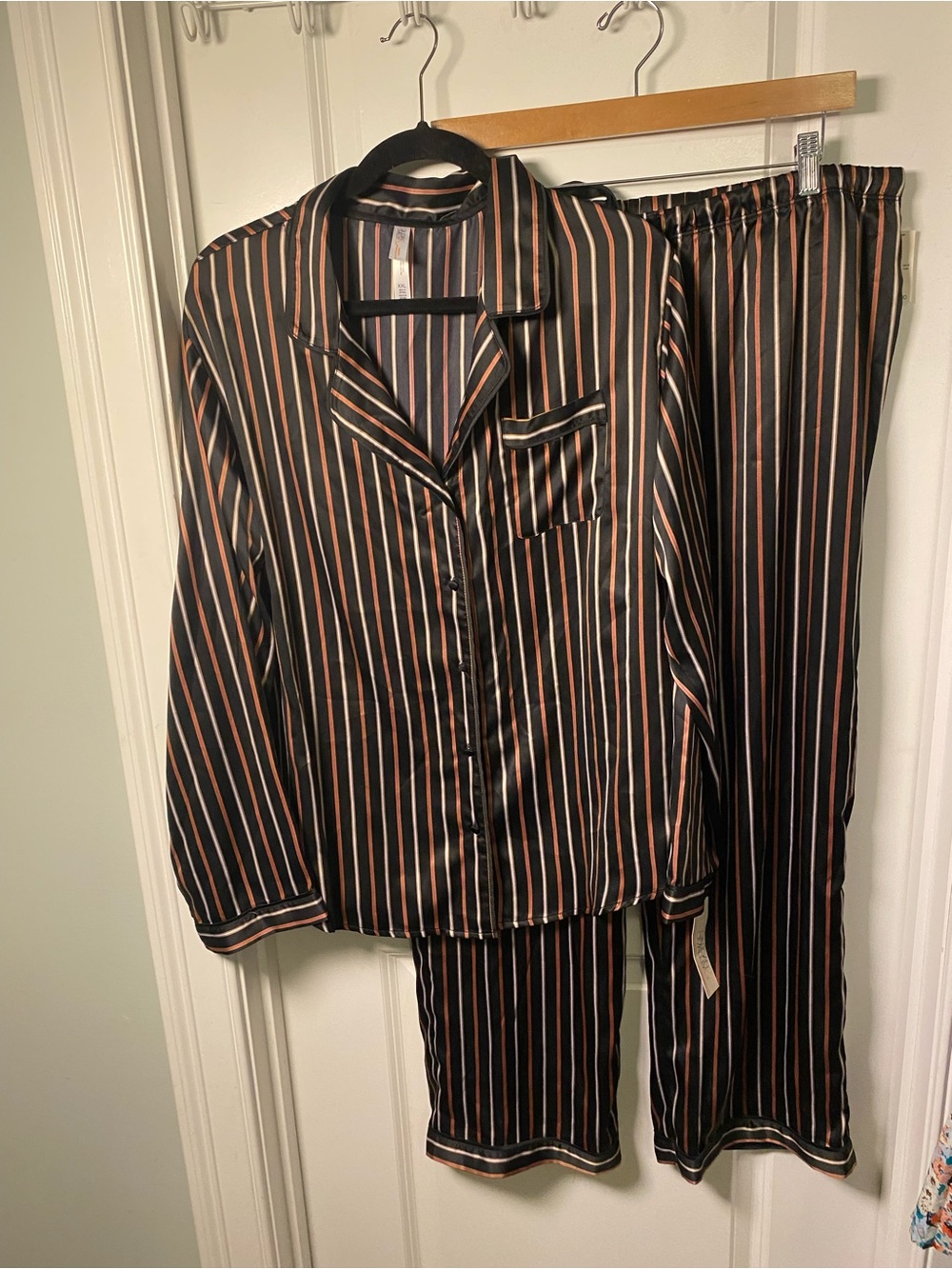 Gilligan & O'Malley Black Satin Pajama Set with Stripes